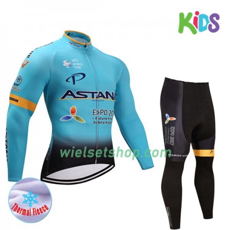 Kind Fietskleding (Wielershirt Lange Mouw + Fietsbroek Lang) 2017 Astana Pro Team N001 Winter Thermal Fleece